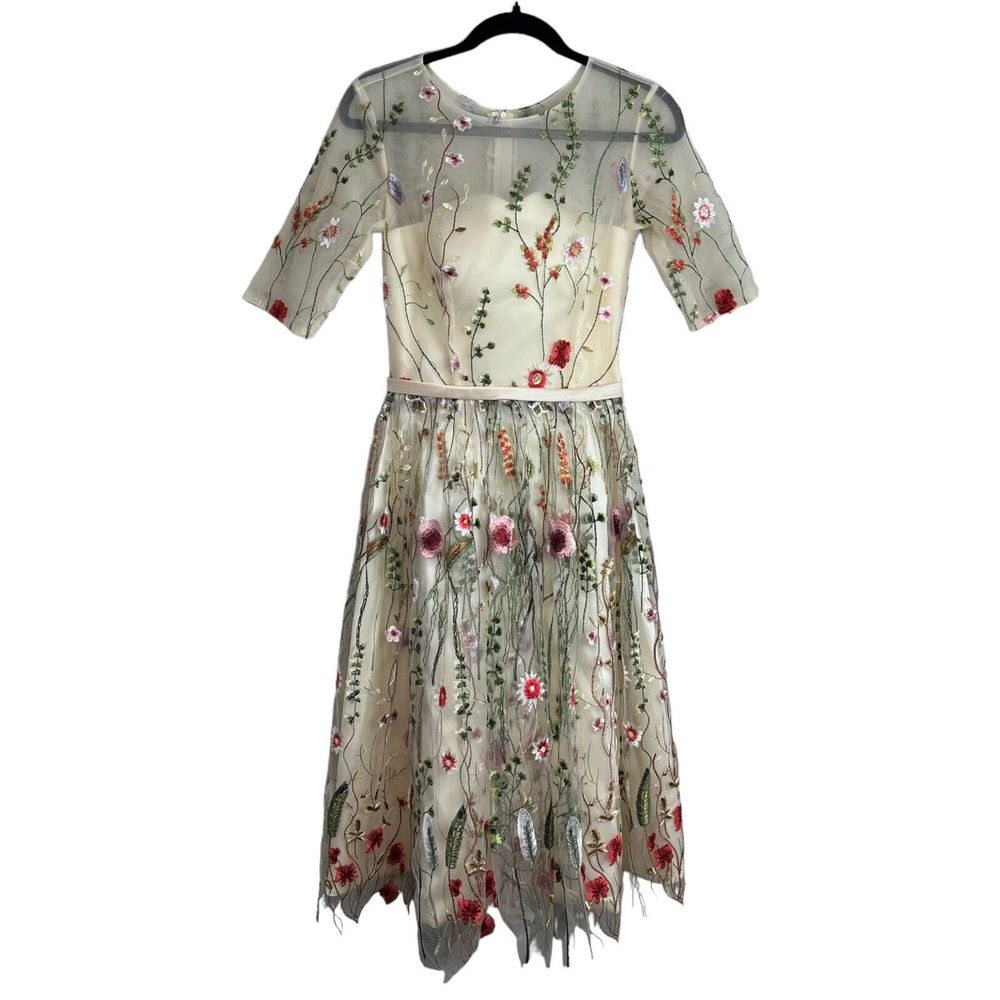 TS Couture Womens Dress Medium Ivory Embroidered Floral Gown Evening Prom